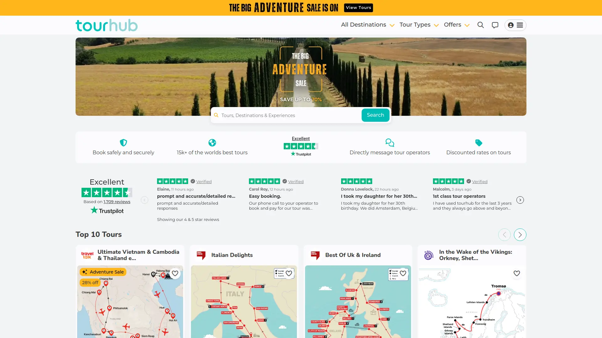 The Tourhub home page on desktop