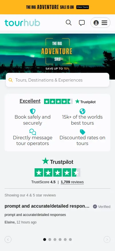 The Tourhub home page on mobile